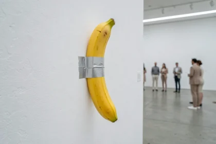 Une banane jaune fixée avec du ruban adhésif argenté sur un mur de galerie d'art contemporain blanc, avec des visiteurs flous en arrière-plan