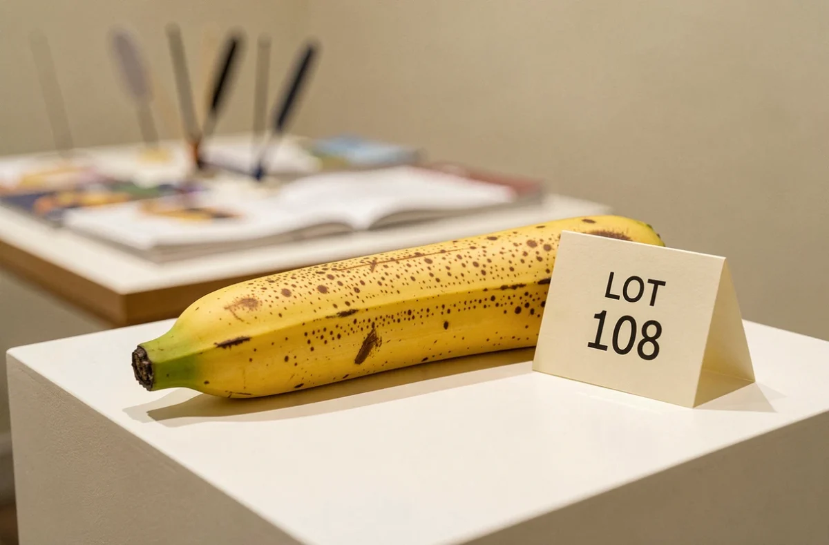 Gros plan d'une banane posée sur un socle blanc dans une salle de ventes aux enchères avec un numéro de lot et des catalogues en arrière-plan flou
