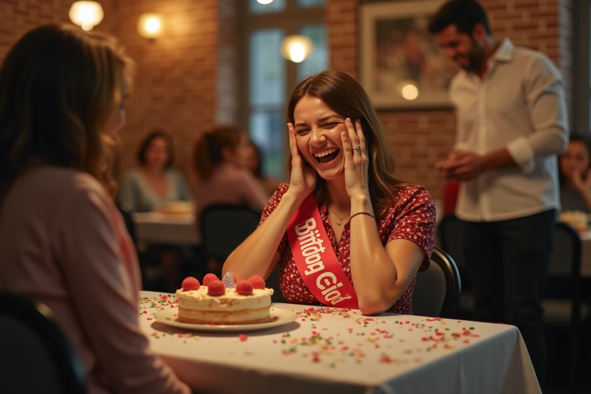 Femme fêtant son anniversaire cachant son visage de rire gêné pendant qu'un ami raconte une blague nulle dans un restaurant privé décoré