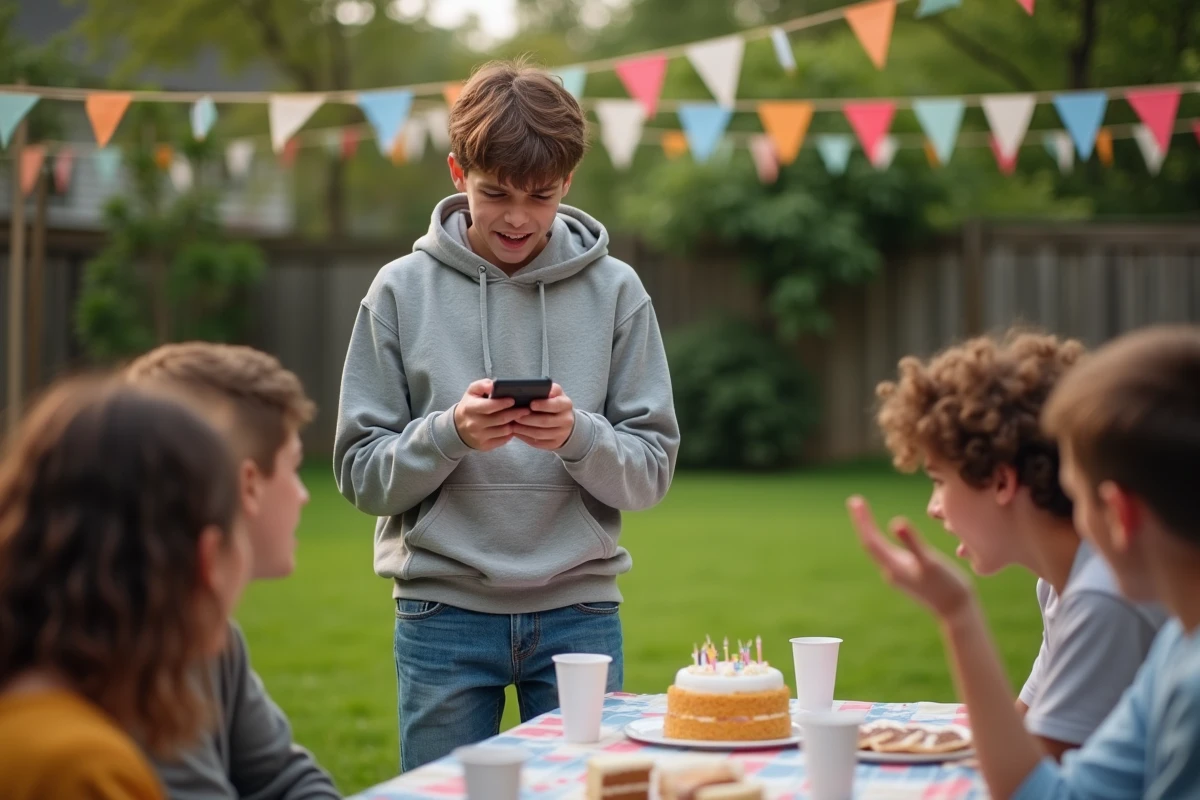 Adolescent lisant des blagues débiles depuis son téléphone lors d'un anniversaire en plein air pendant que ses amis réagissent avec des grimaces et des yeux levés au ciel