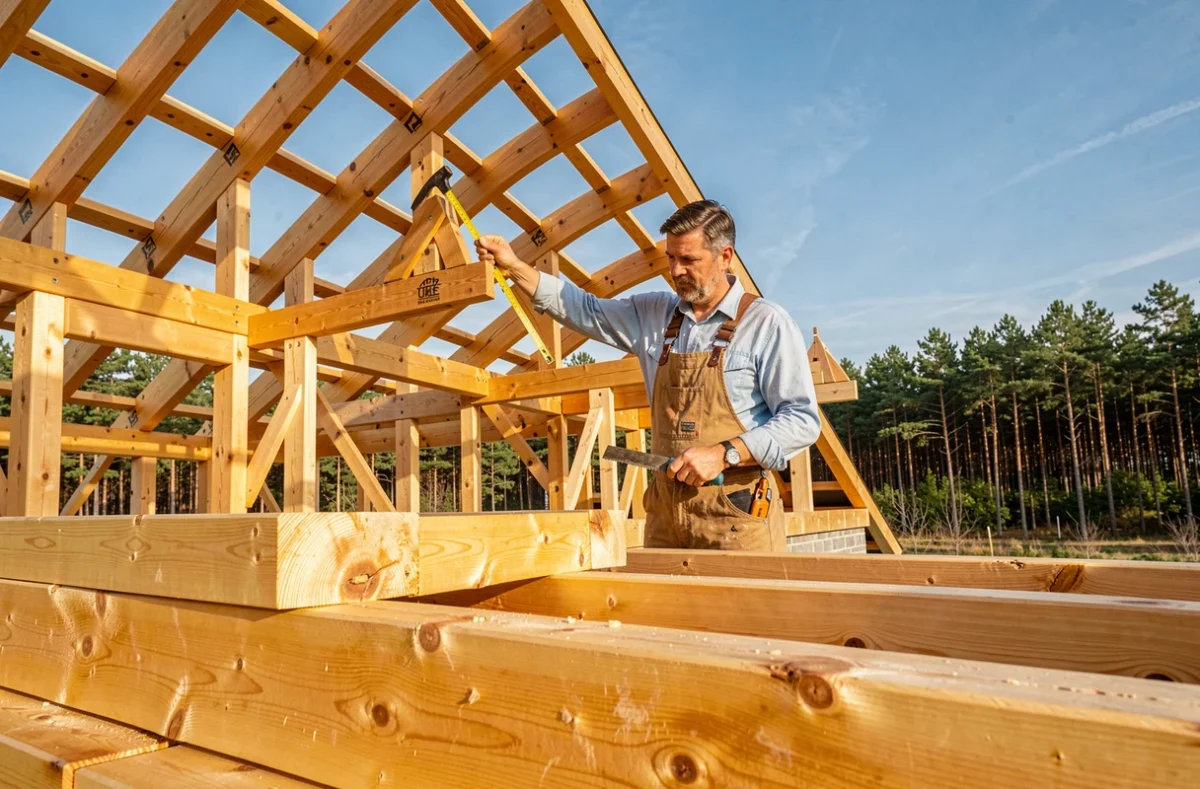 Charpentier-couvreur de Bois et Bleue assemblant une charpente en bois pour une maison neuve en Vendée