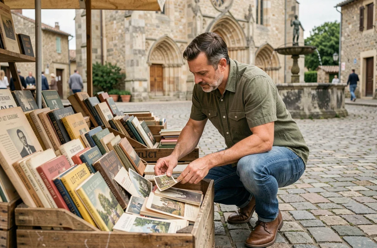 Chineur parcourant des livres anciens et cartes postales sur une brocante en village du Lot-et-Garonne