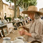Femme chinant une cruche ancienne sur un marché de brocante en plein air dans un village du Lot-et-Garonne