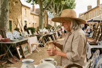 Femme chinant une cruche ancienne sur un marché de brocante en plein air dans un village du Lot-et-Garonne