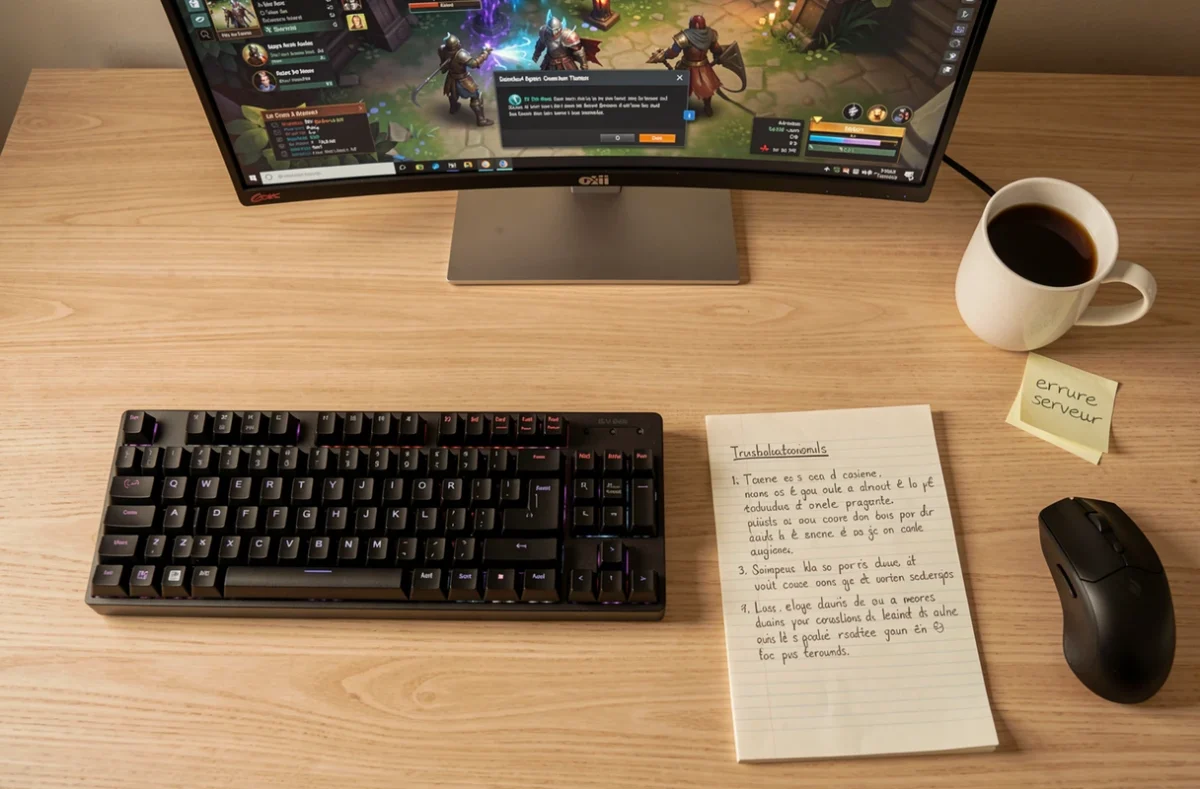 Bureau de gamer avec notes de dépannage manuscrites pour résoudre un bug serveur sur Dofus