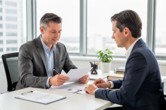 Cadre en réunion de travail dans un bureau lumineux