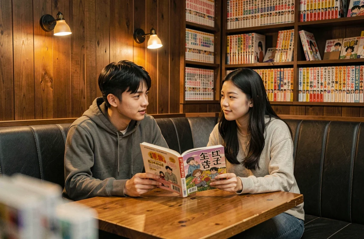 Deux amis dans un café manga japonais consultant un manhwa coréen et discutant des genres yaoi