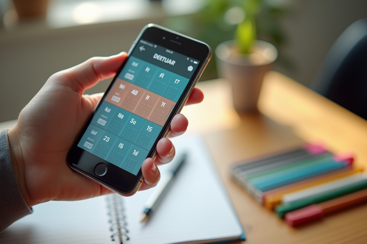 Main tenant un smartphone avec calendrier numérique
