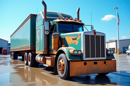 Camion utilitaire 38 tonnes stationne au depot avec surfaces brillantes