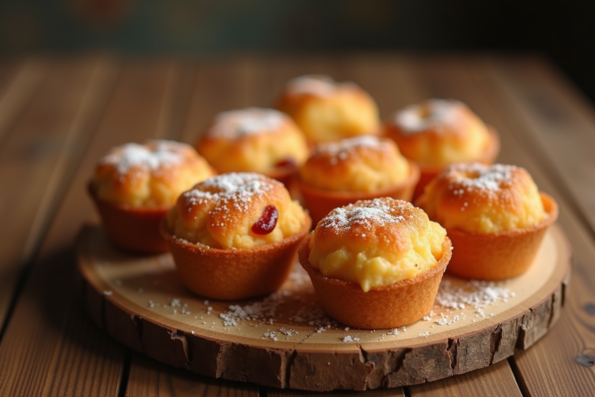 Cannelés au chorizo fraîchement cuits sur une table en bois