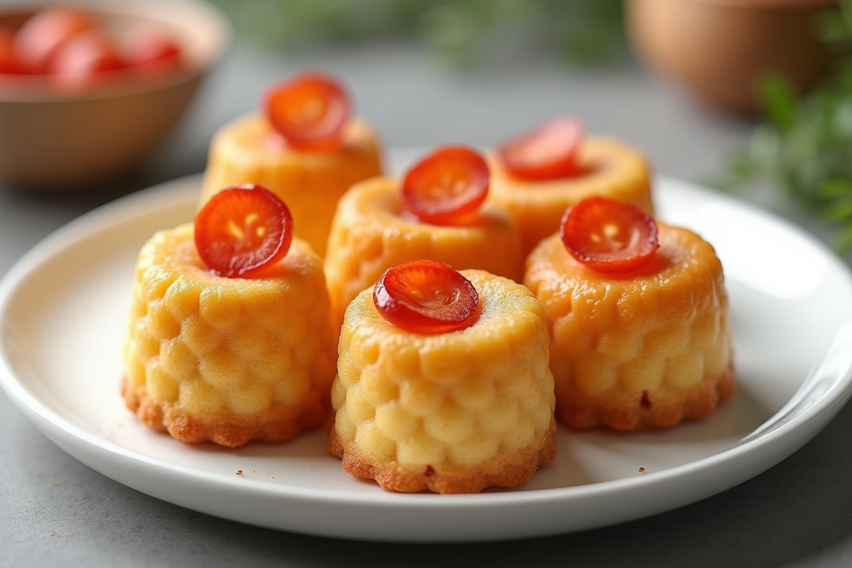 Cannelés au chorizo en gros plan sur une assiette blanche