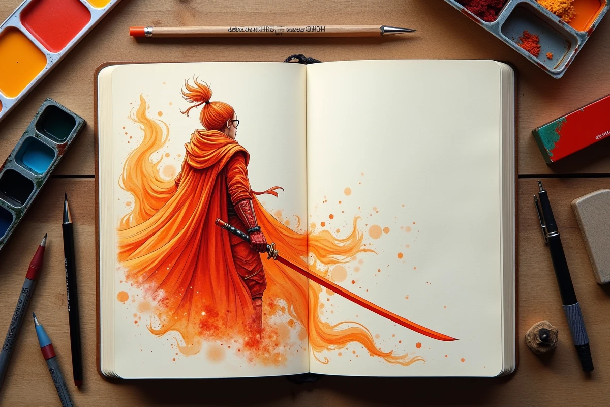 Carnet de croquis ouvert avec dessin d'anime guerrier samouraï style flamme, entouré de crayons et stylos sur table en bois