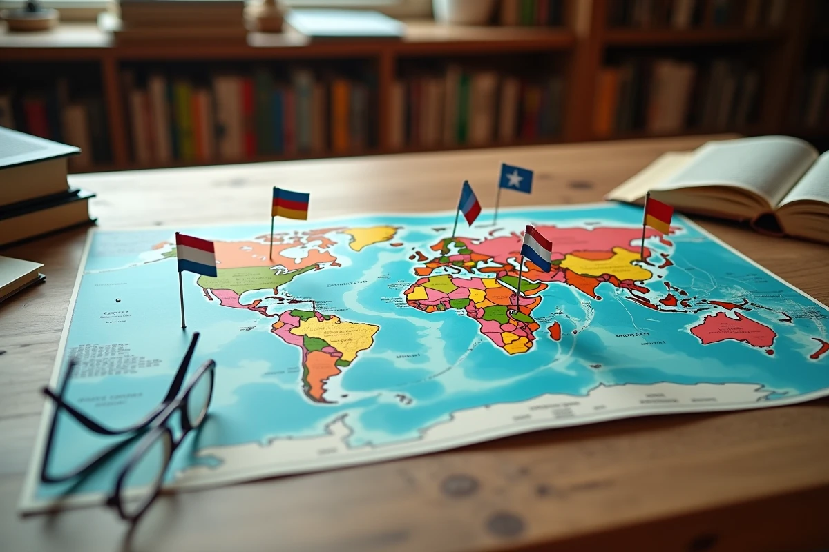 Carte du monde avec mini drapeaux de pays utilisant le bleu et le rouge plantés sur leurs territoires