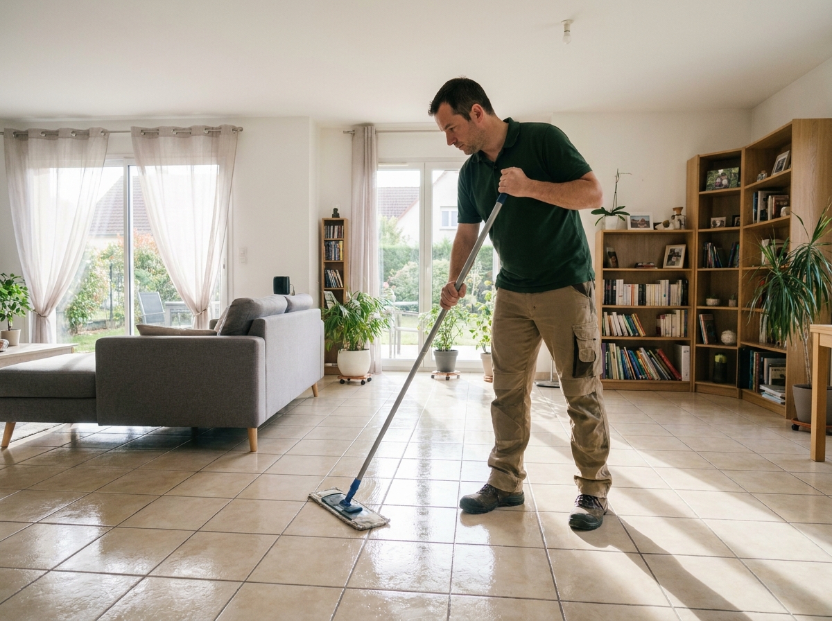 Prestataire masculin de Centre Services Hoenheim en train de nettoyer le sol d'un salon résidentiel avec une serpillière