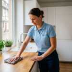 Employée de Centre Services Hoenheim nettoyant le plan de travail d'une cuisine moderne dans un appartement alsacien