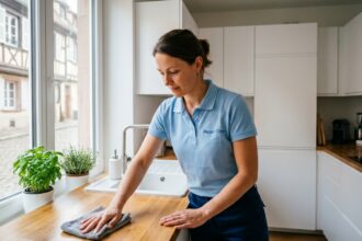 Employée de Centre Services Hoenheim nettoyant le plan de travail d'une cuisine moderne dans un appartement alsacien