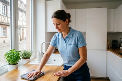 Employée de Centre Services Hoenheim nettoyant le plan de travail d'une cuisine moderne dans un appartement alsacien