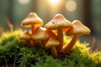Champignons chanterelle fraîches dans la forêt au matin