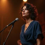 Chanteuse sur scène lors d'une performance musicale intimiste, évoquant l'univers artistique d'Anne Sila