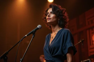 Chanteuse sur scène lors d'une performance musicale intimiste, évoquant l'univers artistique d'Anne Sila