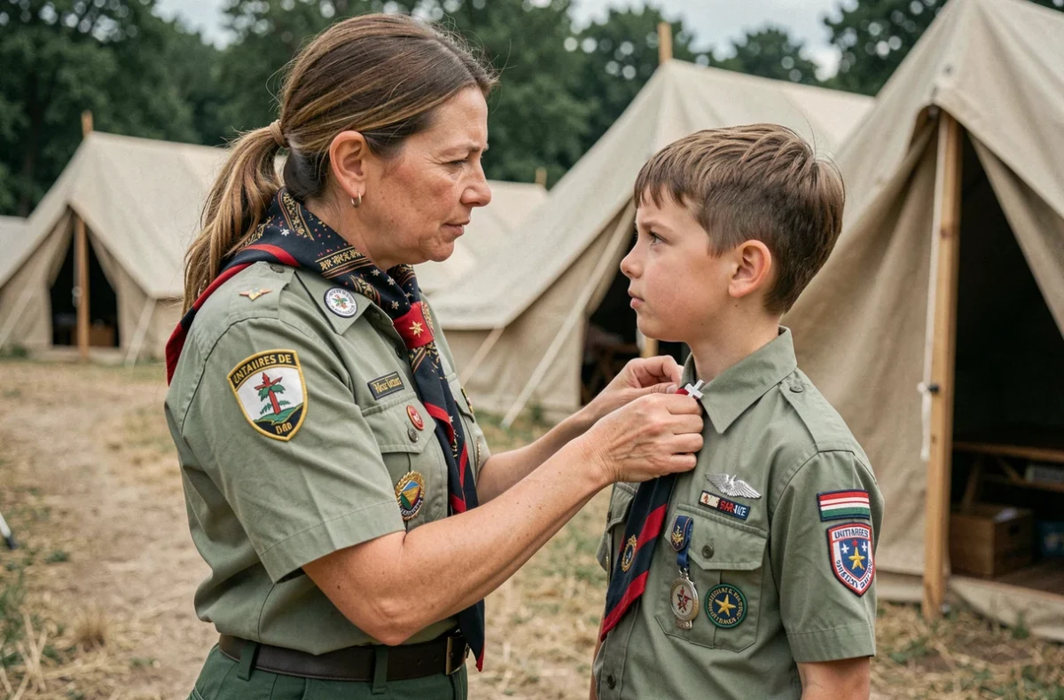 Chef scoute remettant une croix unitaire à un jeune scout lors de la cérémonie de promesse