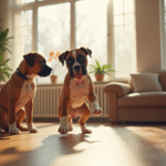 Chiot boxer apprenant des ordres dans un salon lumineux