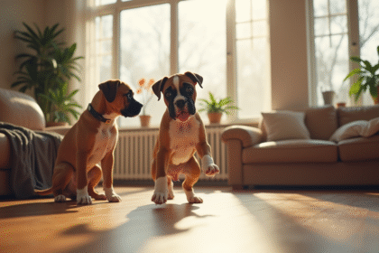 Chiot boxer apprenant des ordres dans un salon lumineux