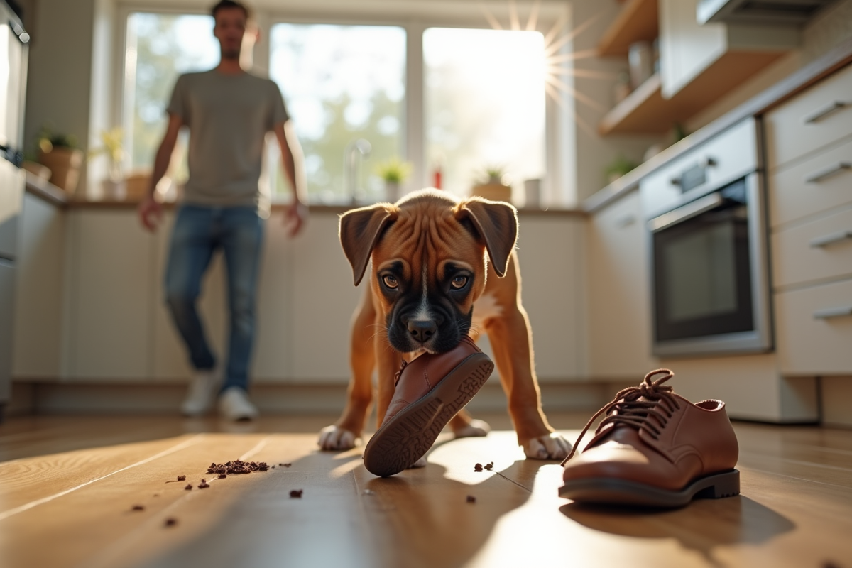 Chiot boxer mordant des chaussures dans la cuisine moderne
