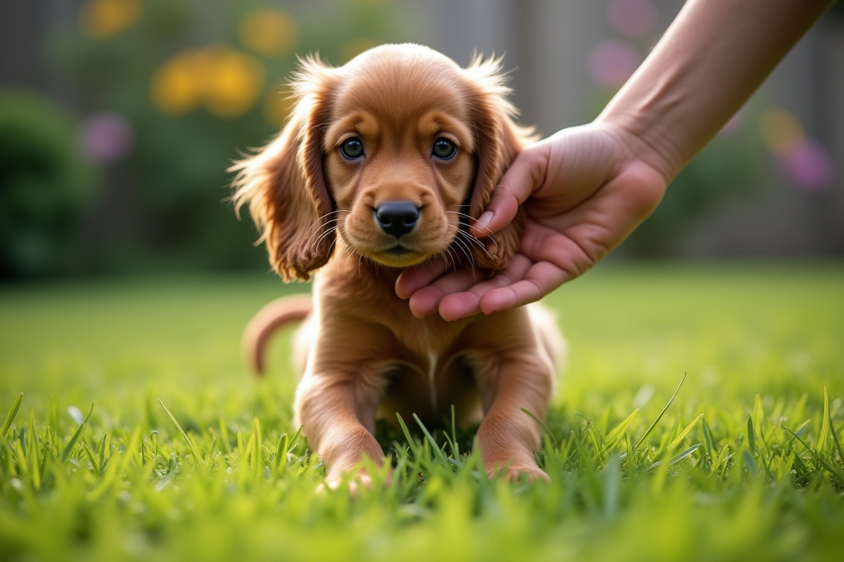 Chiot cocker spaniel félicité par une main en extérieur dans le jardin