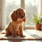 Chiot cocker spaniel assis près d'une alèse propre en intérieur