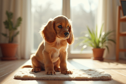 Chiot cocker spaniel assis près d'une alèse propre en intérieur