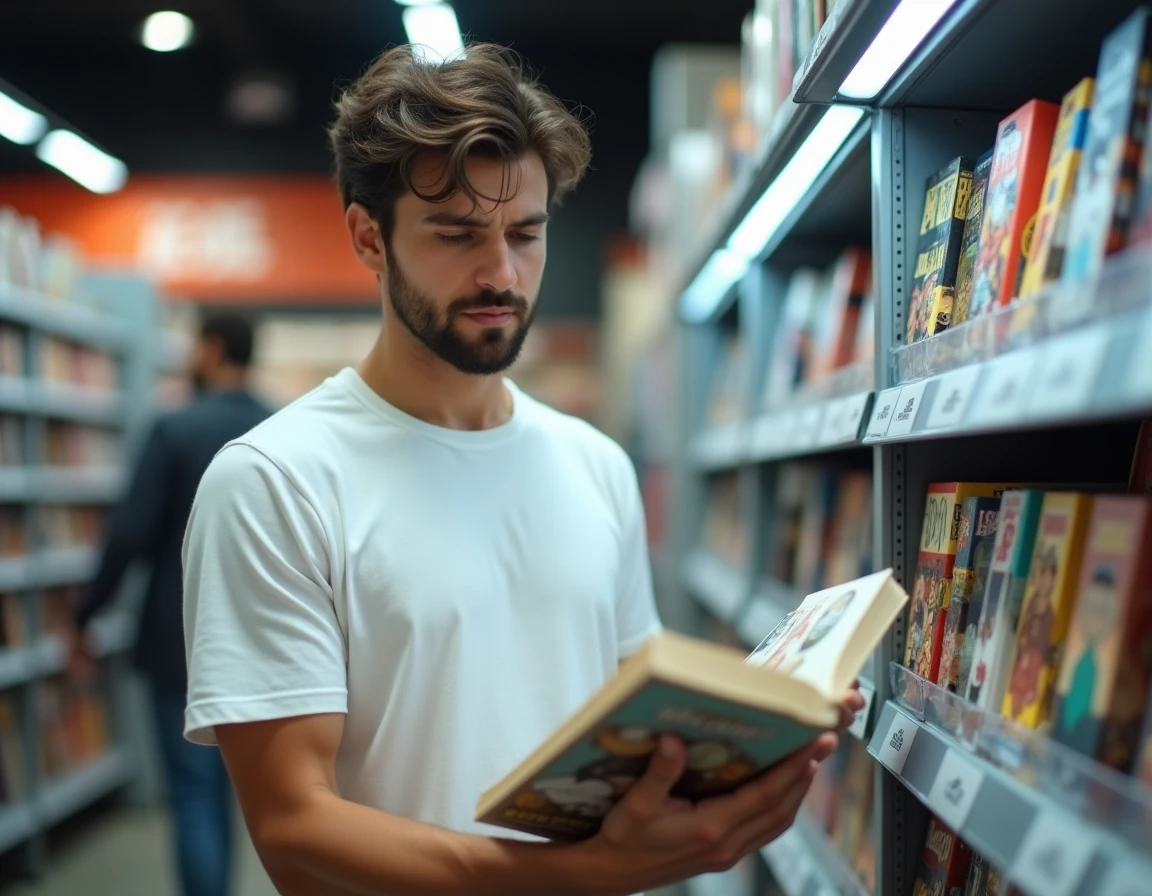 Homme adulte en librairie comparant deux tomes de manga devant un rayon bien organisé de bandes dessinées japonaises