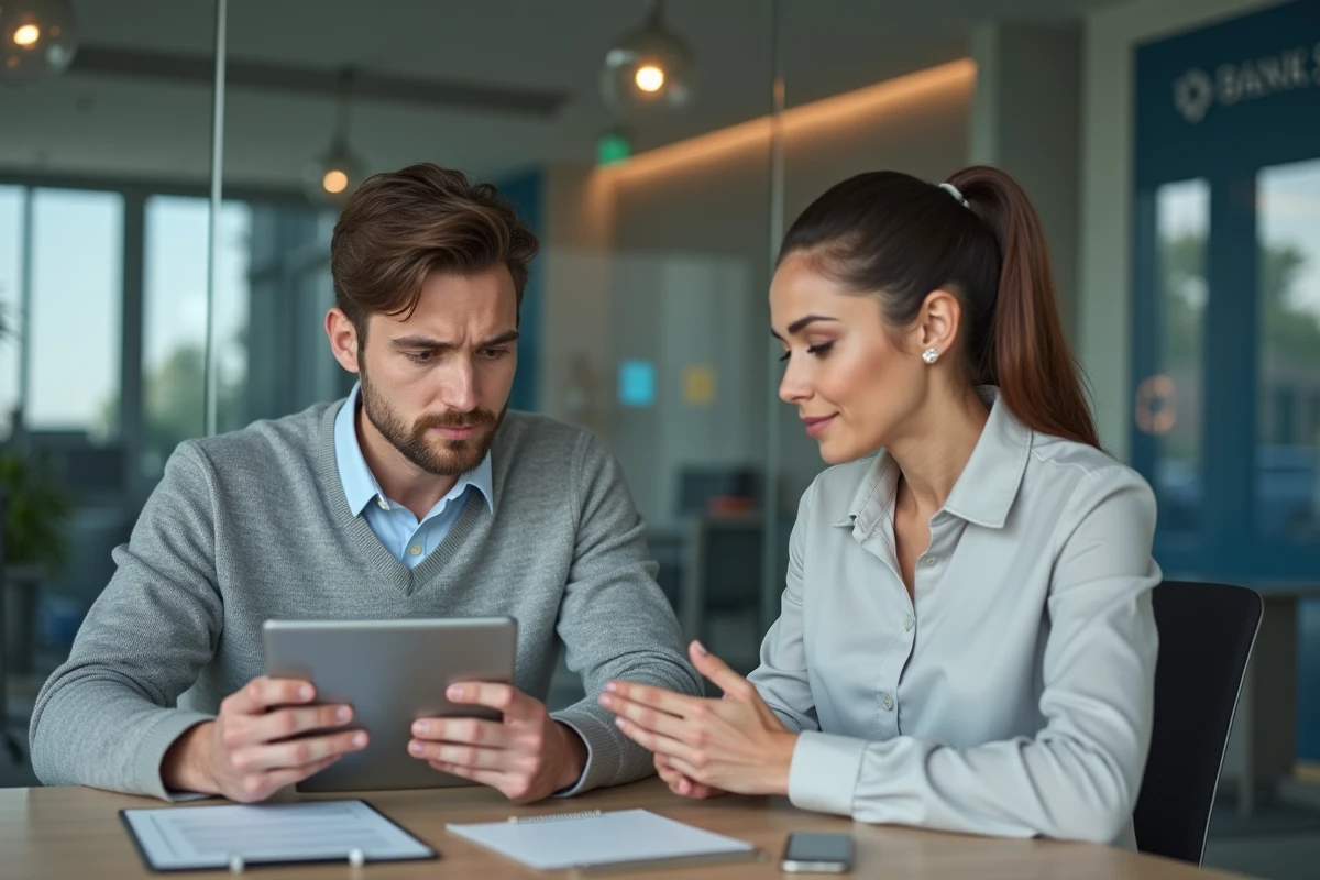 Client et conseillère clientèle examinant ensemble un document sur une tablette lors d'un rendez-vous professionnel