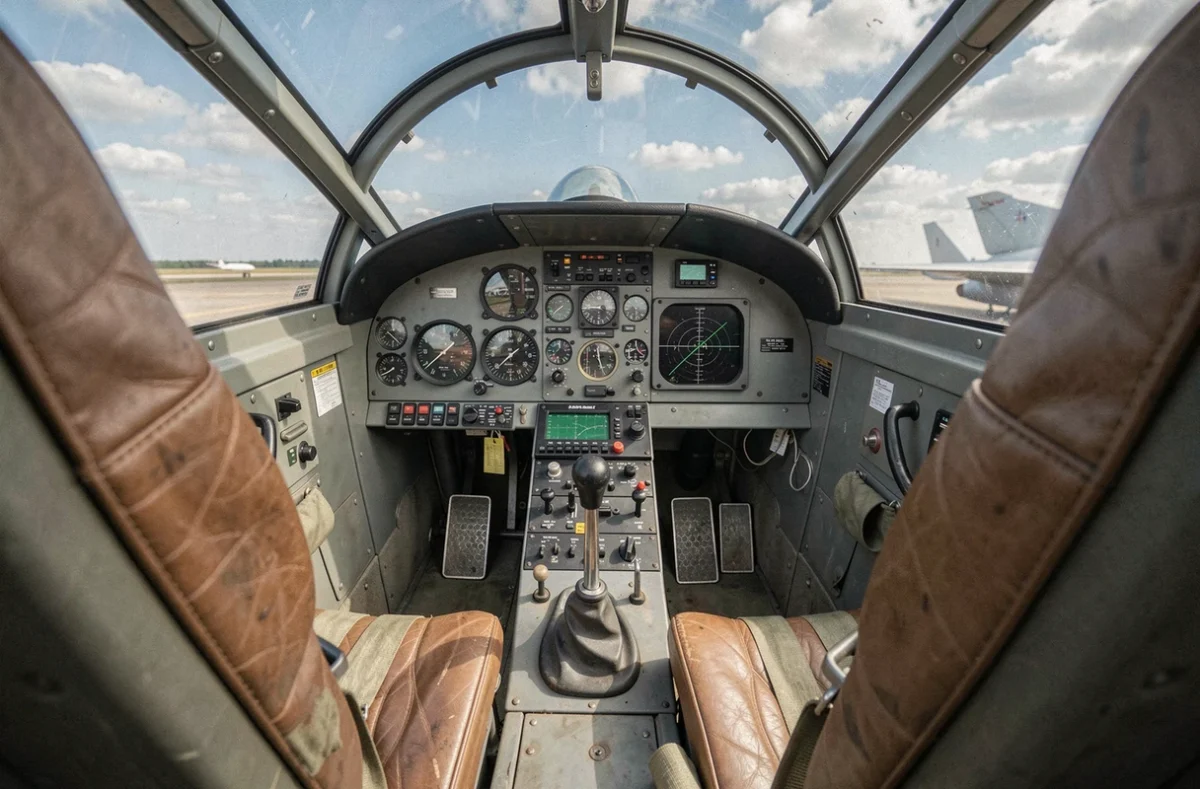 Cockpit intérieur du F-4 Phantom II avec tableau de bord analogique de l'ère Guerre Froide, harnais de siège usé et instruments d'époque