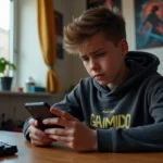 Adolescent frustré tentant d'entrer un code Brawl Stars expiré sur son smartphone dans sa chambre de gamer