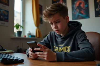 Adolescent frustré tentant d'entrer un code Brawl Stars expiré sur son smartphone dans sa chambre de gamer