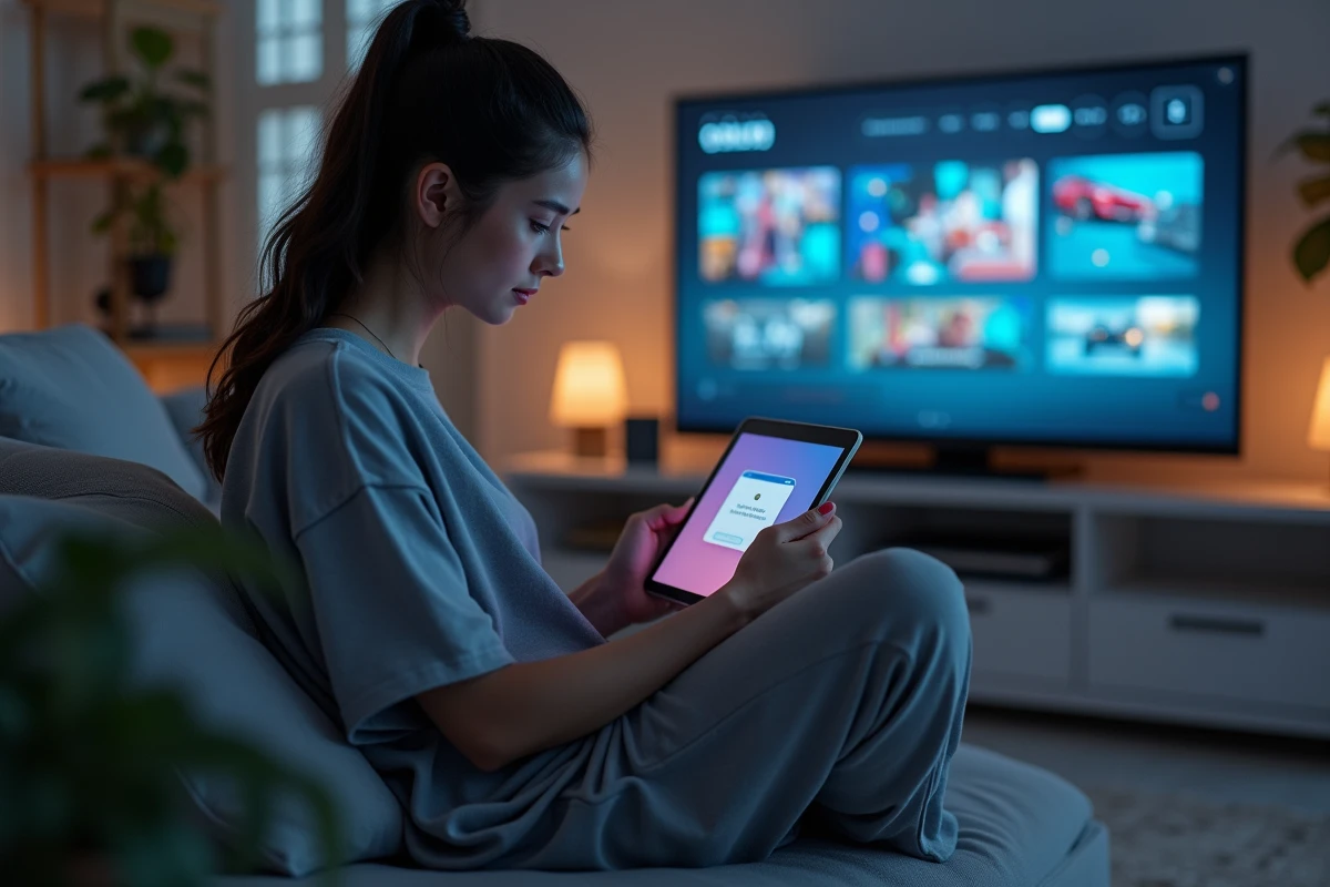 Jeune femme sur un canapé consultant une tablette avec un message d'erreur sur un code de jeu mobile expiré