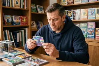 Collectionneur adulte examinant attentivement une carte Pokémon holographique rare à son bureau organisé