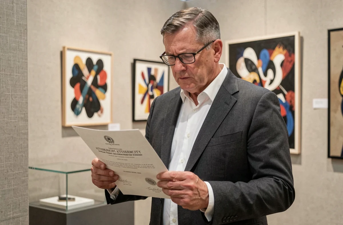 Un collectionneur d'art d'âge mûr en costume gris anthracite examine attentivement un certificat d'authenticité dans un stand de foire d'art contemporain