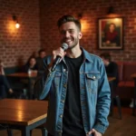 Jeune comédien parlant dans un micro sur scène comédie