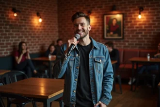 Jeune comédien parlant dans un micro sur scène comédie