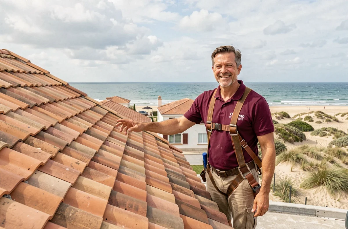 Couvreur de Compao Couvreurs devant un toit terminé avec vue sur la côte des Sables-d'Olonne en Vendée