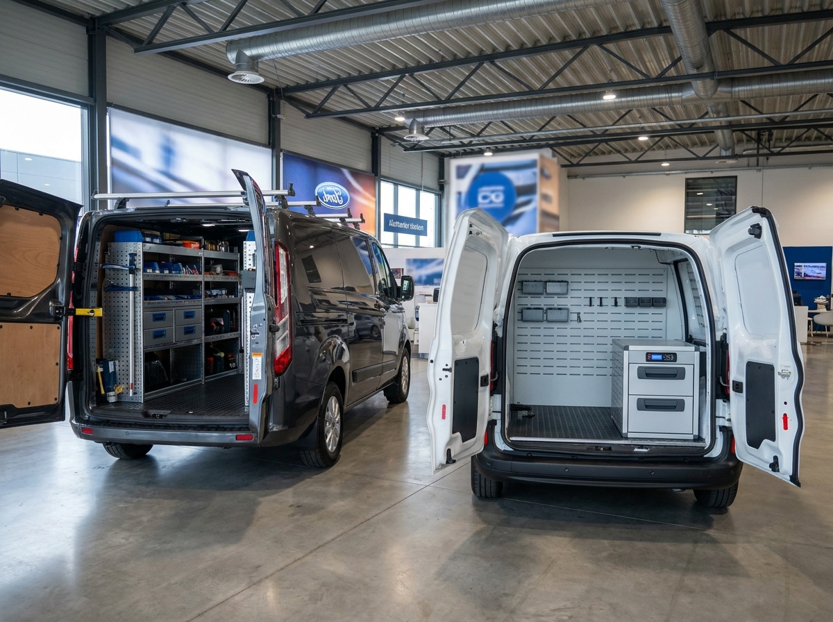 Comparaison côte à côte de l'aménagement intérieur d'un Ford Transit Custom et d'un fourgon compact en concession automobile