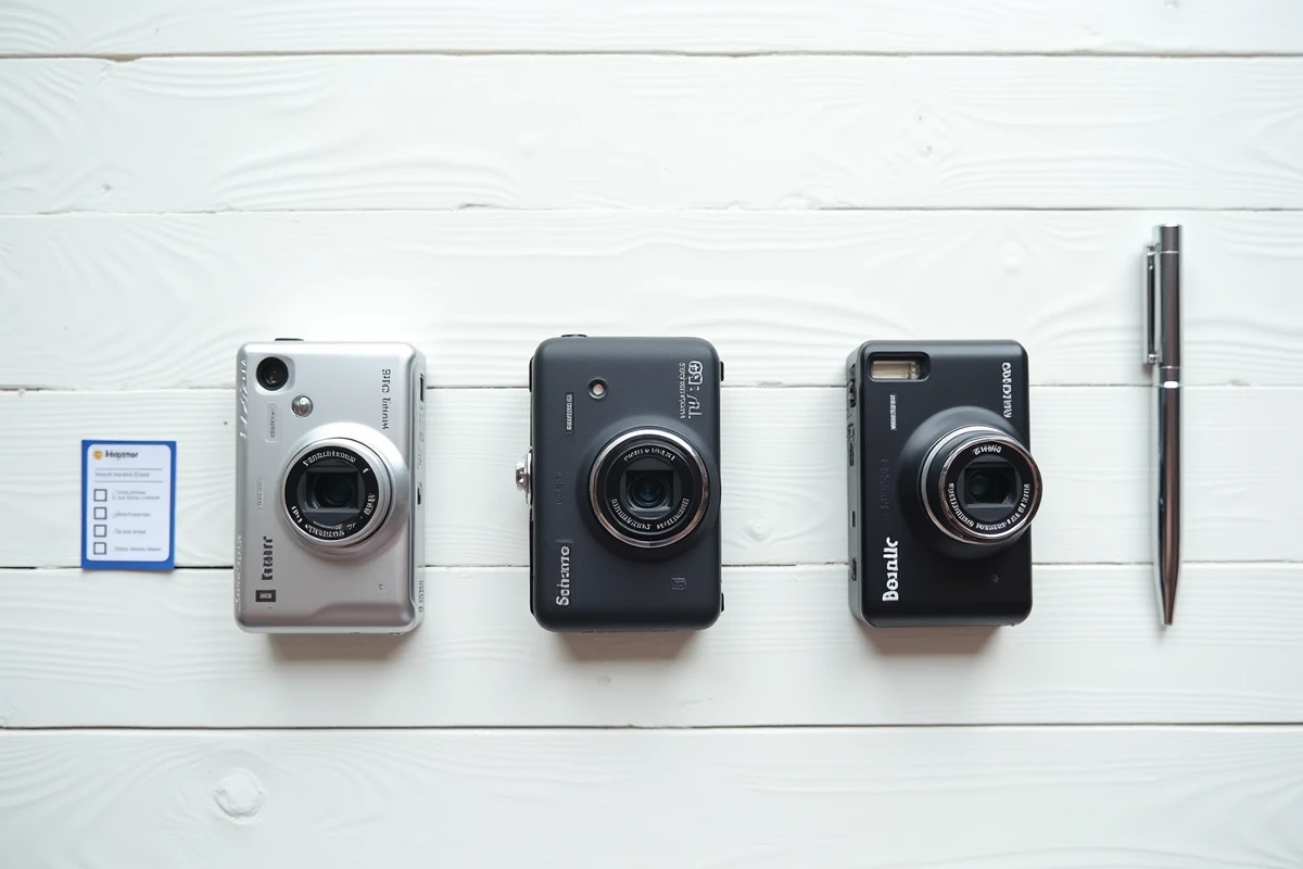 Comparatif de trois appareils photo compacts posés côte à côte sur une surface blanche