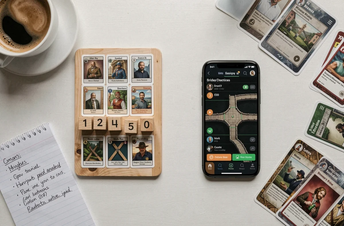 Vue de dessus comparative entre un jeu de bridge tactique physique et sa version numérique sur smartphone posés sur une table blanche