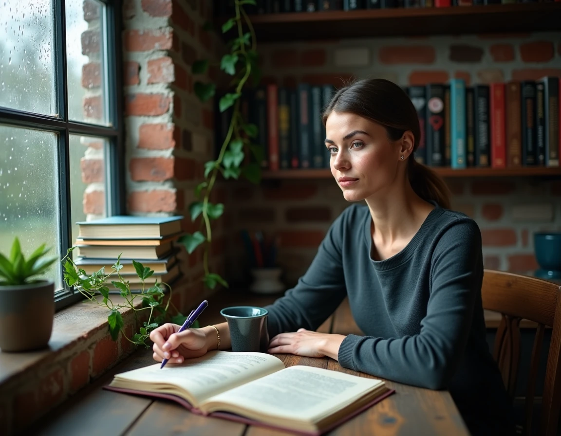 Femme comparant des romans spicy et dark romance dans un coin lecture aménagé à la maison