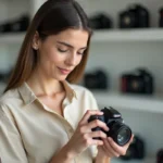 Femme comparant des appareils photo compacts dans un magasin d'électronique