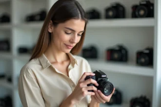 Femme comparant des appareils photo compacts dans un magasin d'électronique