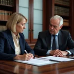 Femme consultant un notaire lors d'une consultation gratuite à la chambre des notaires, bureau traditionnel avec documents juridiques