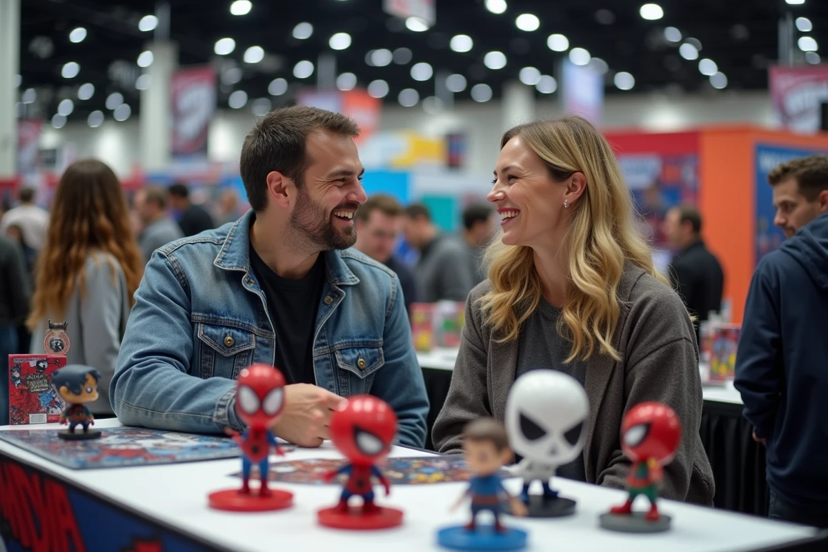 Deux adultes souriants devant un stand de merchandise Spider-Man lors d'une convention de comics